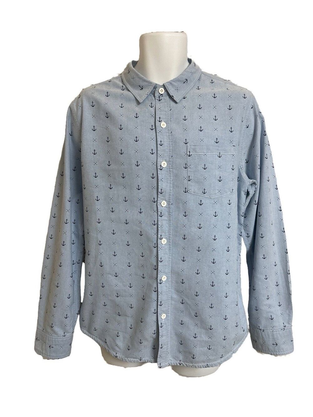 Modern Amusement Shirt Men's M Blue Button Up Anchor Design Long Sleeve